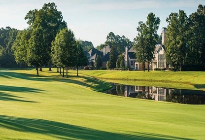 Rolling green hills leading to water with surrounding trees