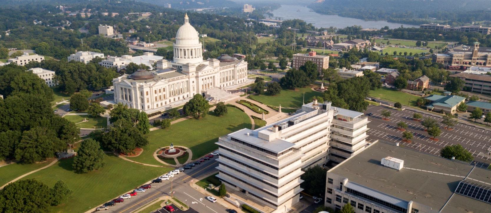 Aerial view over State Capitol building in Little Rock, Arkansas